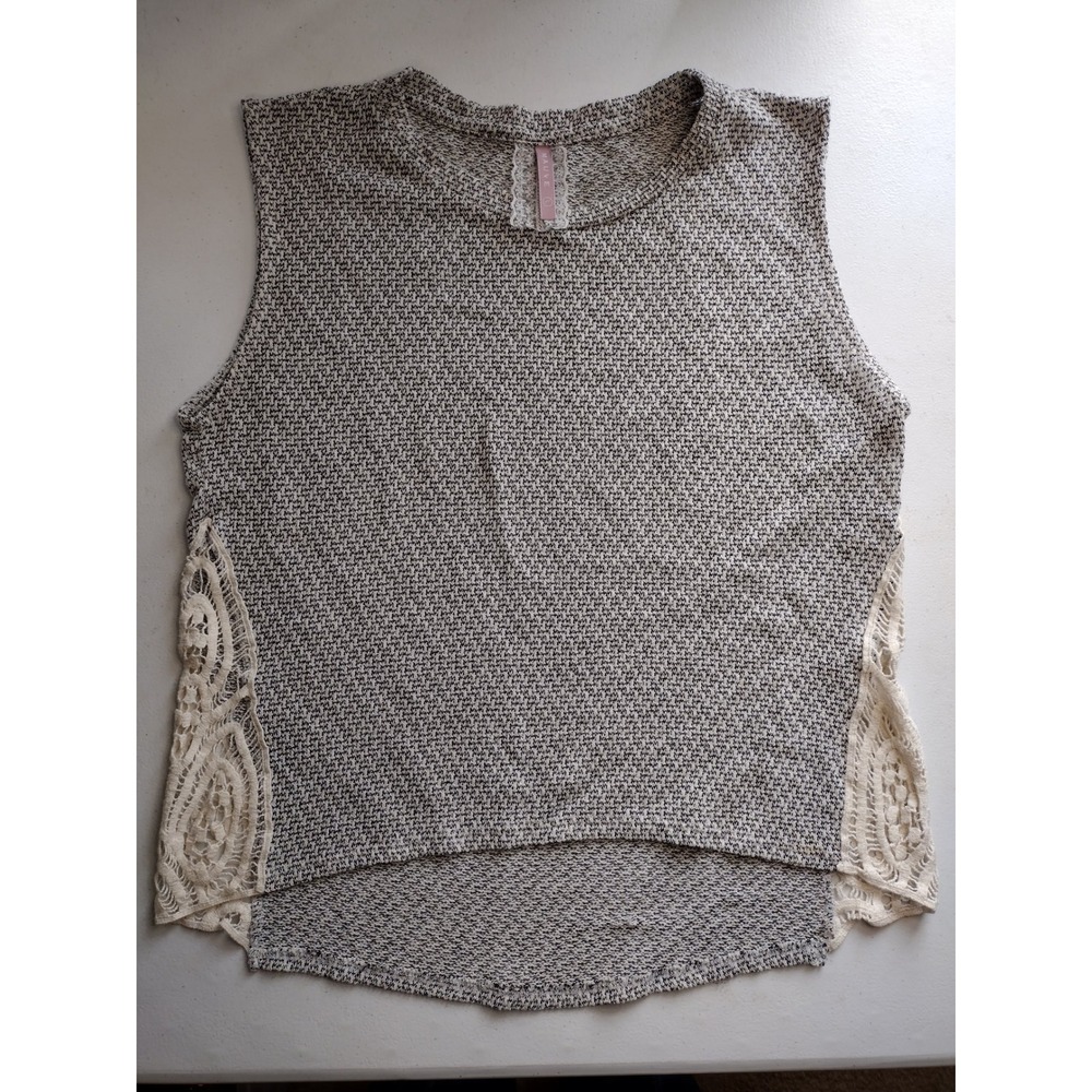 Mauve Womens Marled Knit Sleeveless Top Black White Crochet Lace Side High-Low L